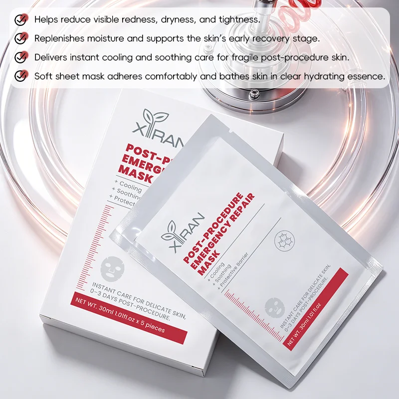 Close-up of Xiran post-procedure emergency repair mask packaging alongside benefits such as cooling and hydrating care for delicate skin.
